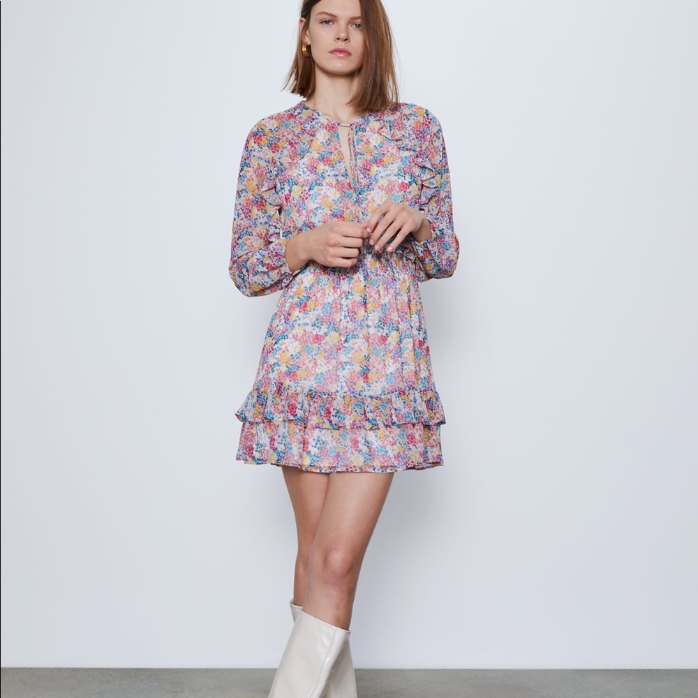 Zara RUFFLED FLORAL PRINT LONG SLEEVE MINI DRESS Size S NEW.